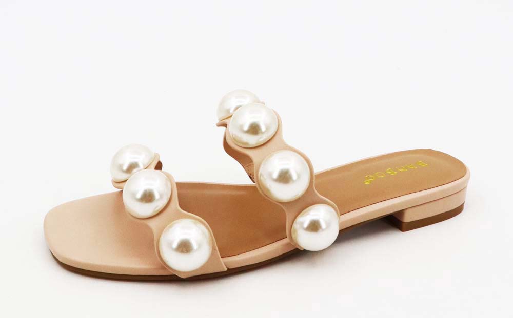 Pearl Stud Double Strap Slide Sandal-Nude