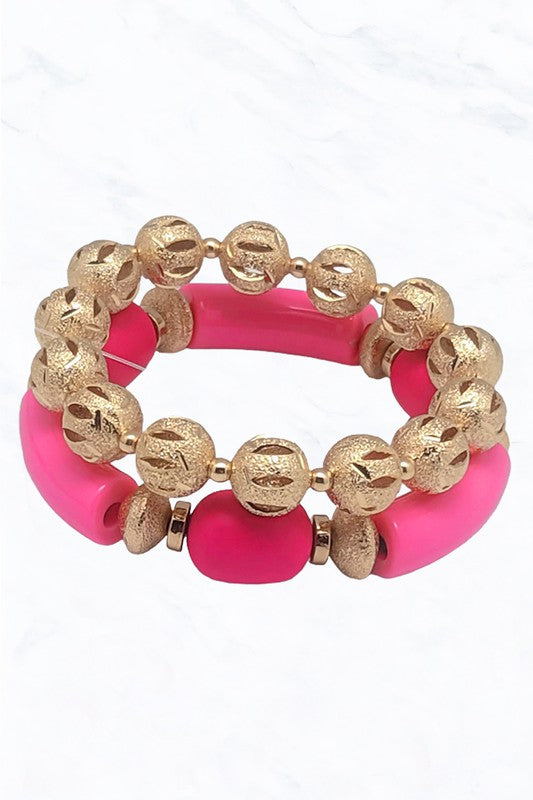 Colored Tube Bead & Gold Hollow Ball Bracelet Set