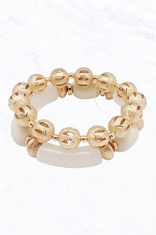 Colored Tube Bead & Gold Hollow Ball Bracelet Set