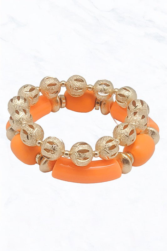 Colored Tube Bead & Gold Hollow Ball Bracelet Set