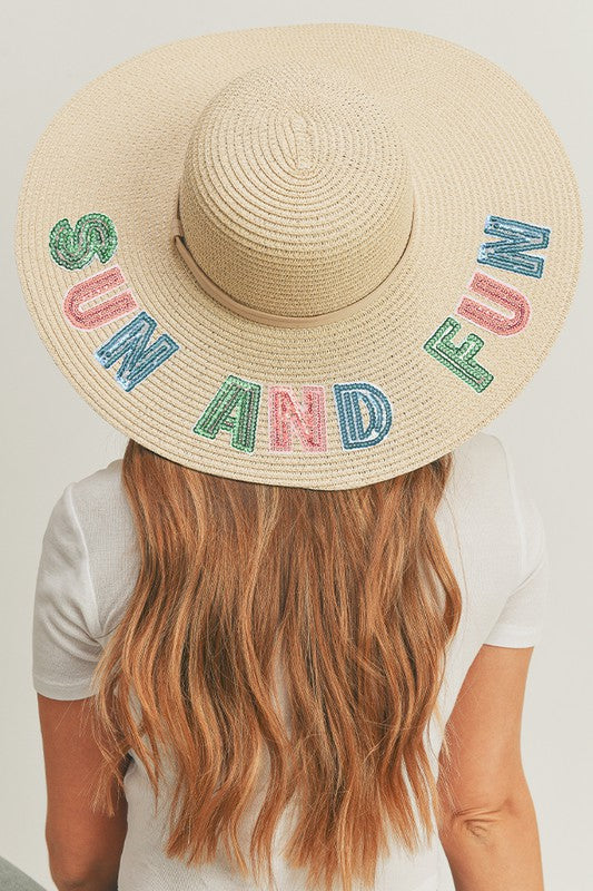 Sequin Letter Straw Floppy Hat