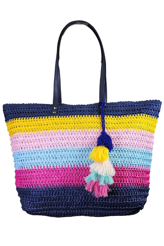 Color Striped Straw Tote Bag w/Tassel