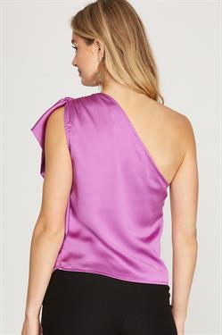 Satin Asymmetrical Pleated Ruffle Shoulder Top-Violet