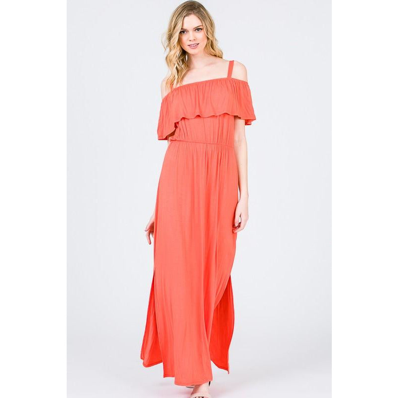 Solid Cold Shoulder Maxi Dress-Coral