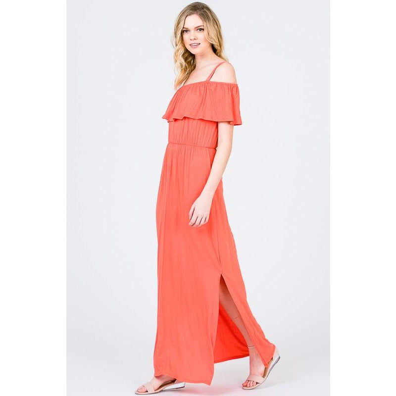 Solid Cold Shoulder Maxi Dress-Coral