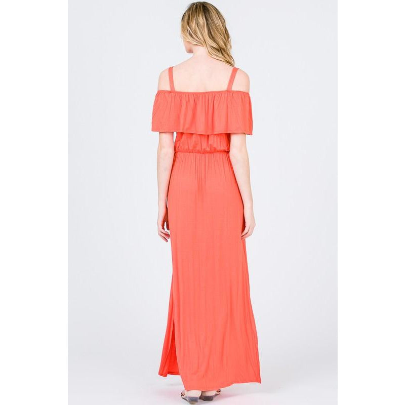 Solid Cold Shoulder Maxi Dress-Coral