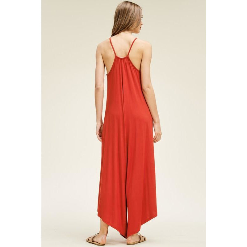 Solid Knit Wide Leg Jumpsuit-Red