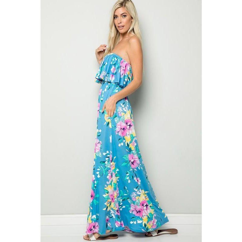 Floral Strapless Ruffle Maxi Dress