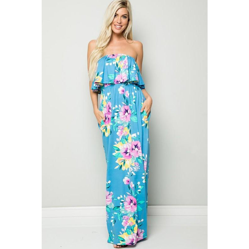 Floral Strapless Ruffle Maxi Dress