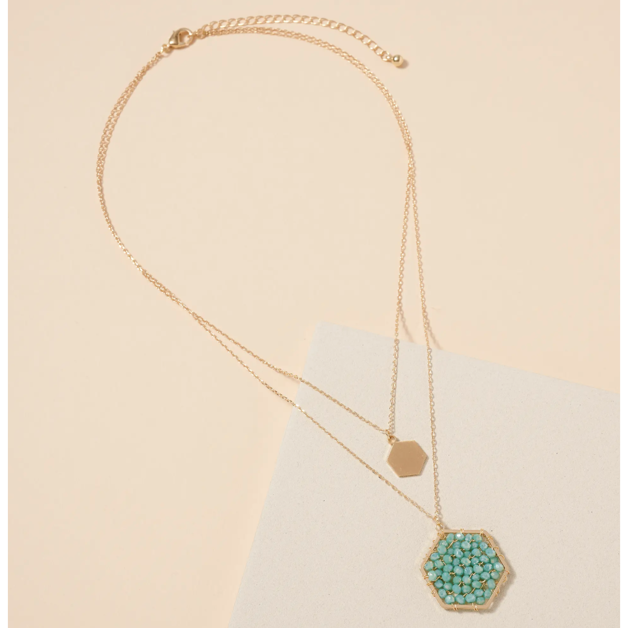 Glass Beaded Hexagon Charm Layered Necklace