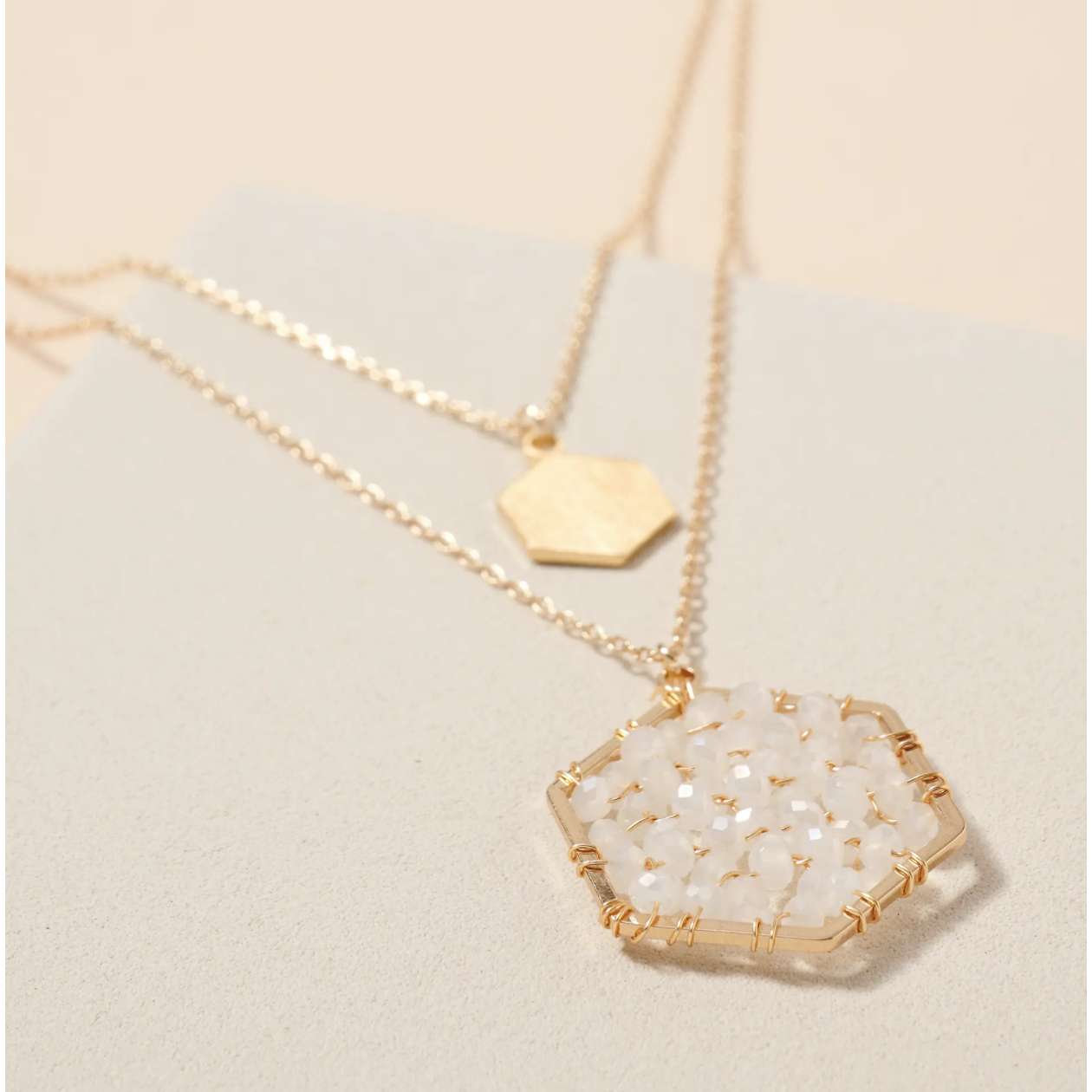 Glass Beaded Hexagon Charm Layered Necklace