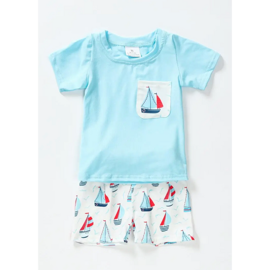 Blue Sailboat Shorts Sets
