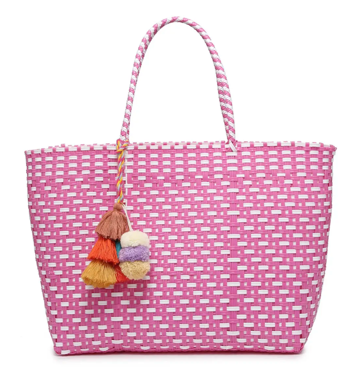 Shelby Large Handwoven Tote with Pom Poms