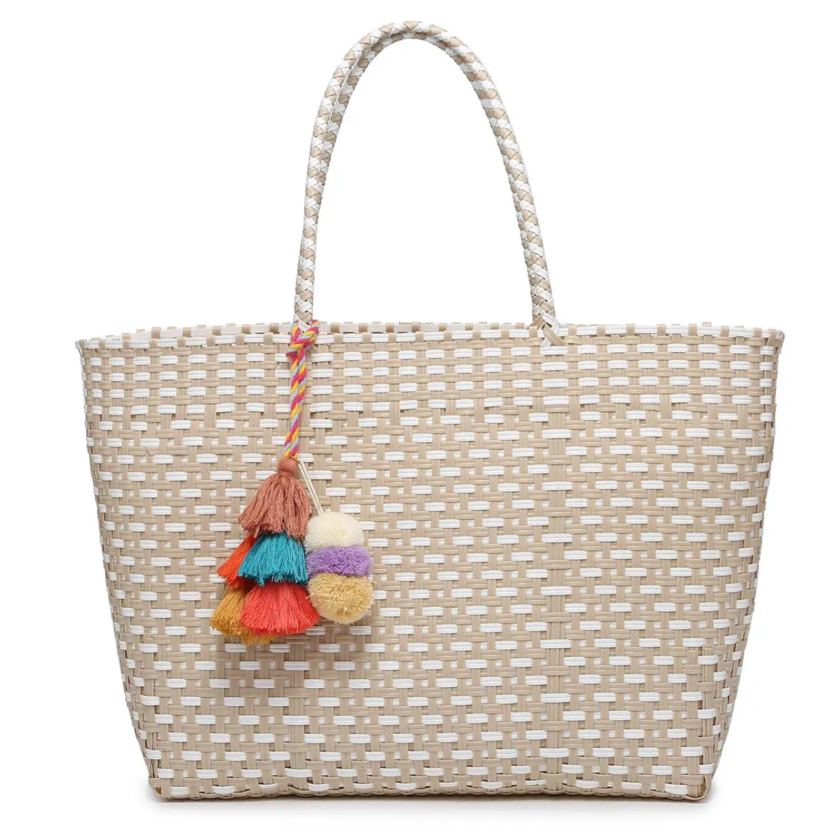 Shelby Large Handwoven Tote with Pom Poms