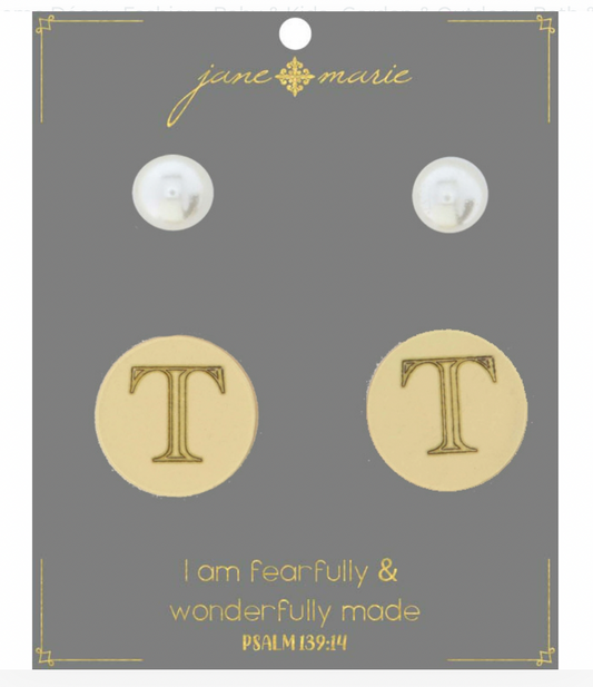 Pearl & Initial Gold Stud Earrings