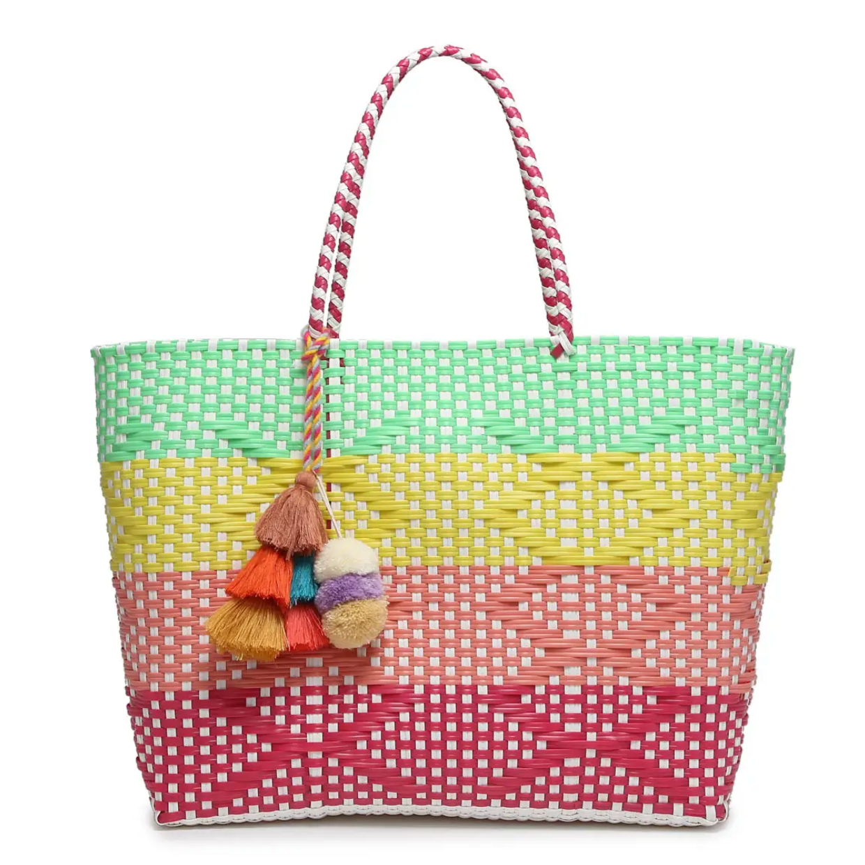 Shelby Large Handwoven Tote with Pom Poms