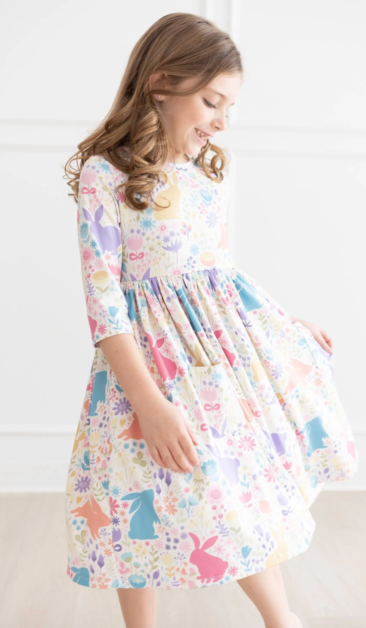 Pastel Floral Bunnies 3/4 Sleeve Pocket Twirl Dress