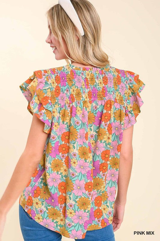 Floral Smocked Ruffle Sleeve Top