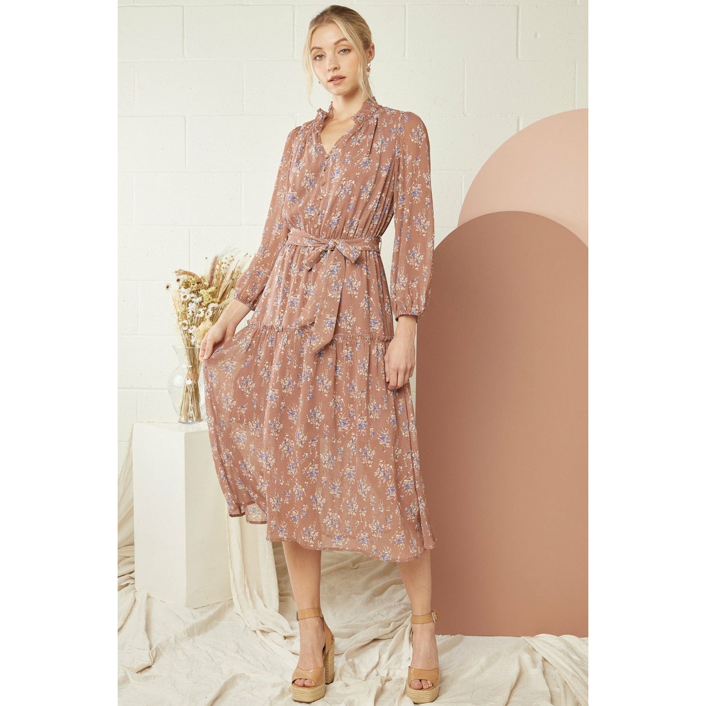 Floral V-Neck Button Tie Waist Midi Dress- Mocha