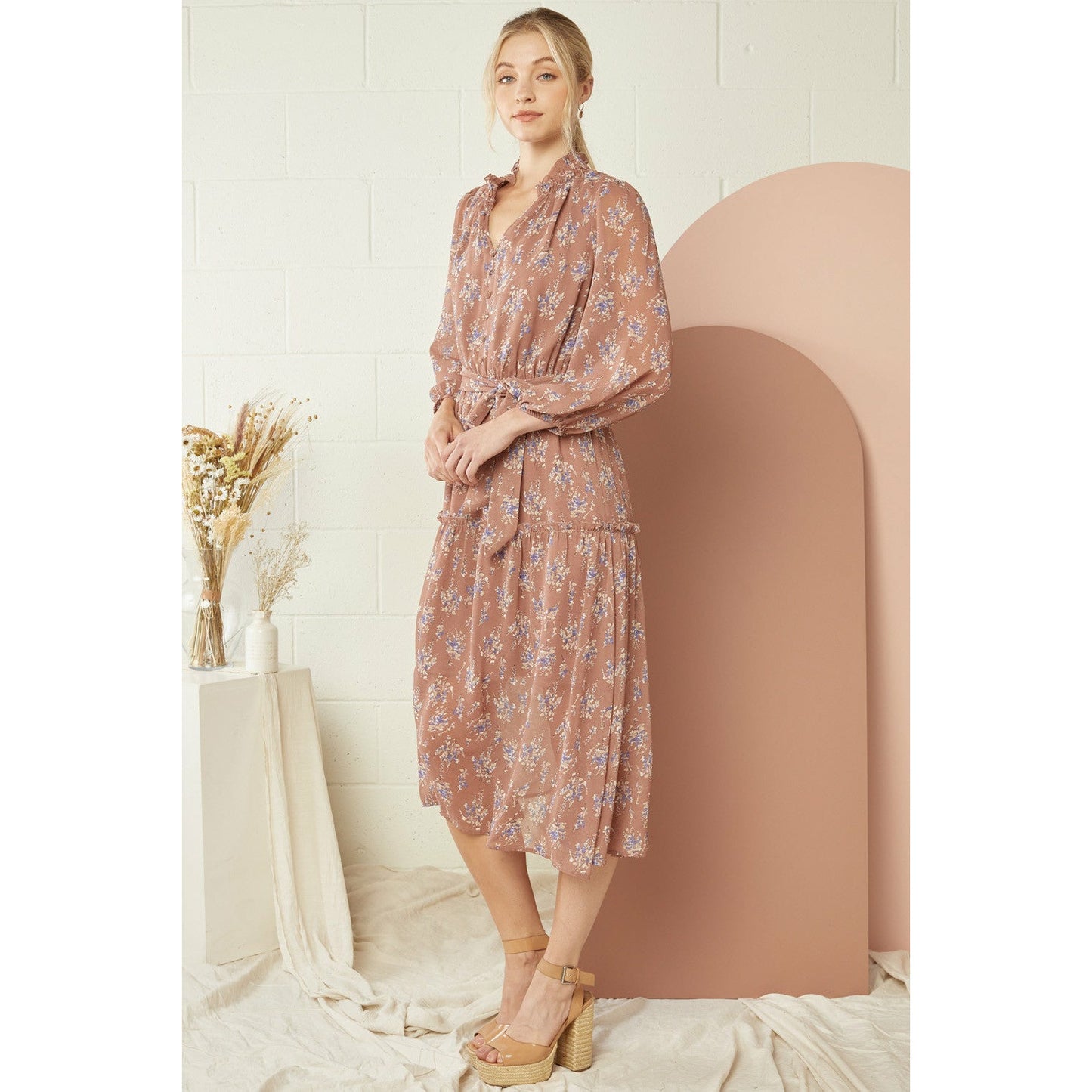 Floral V-Neck Button Tie Waist Midi Dress- Mocha
