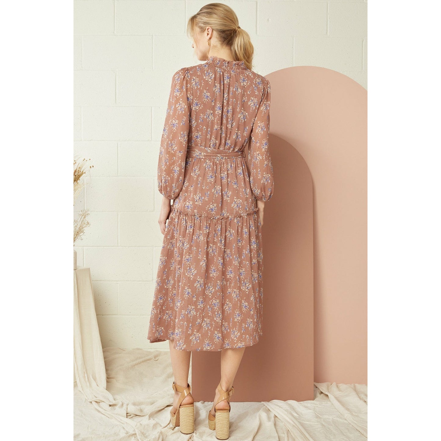 Floral V-Neck Button Tie Waist Midi Dress- Mocha