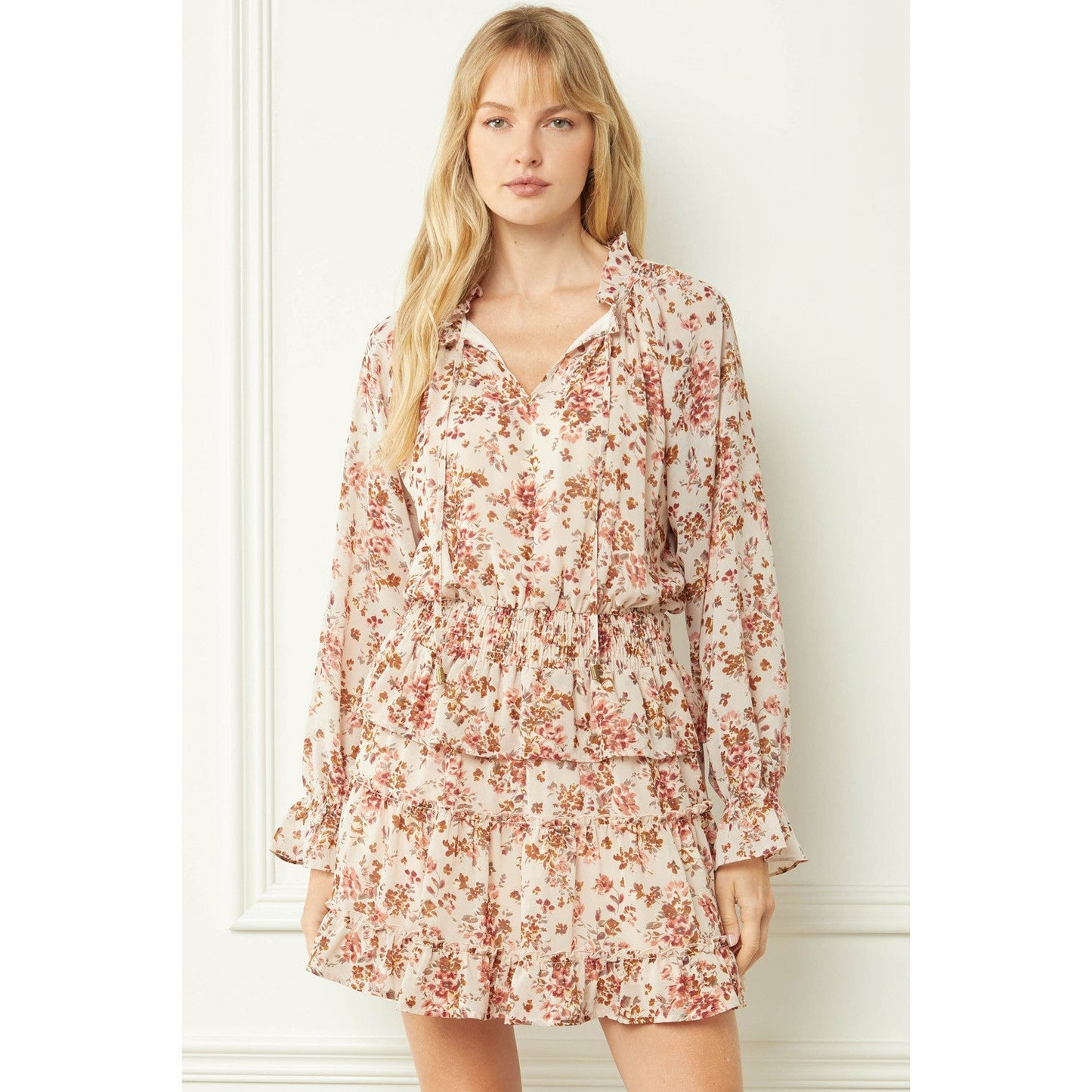 Floral Tie Neck Gathered Waist Tiered Short Dress-Cream