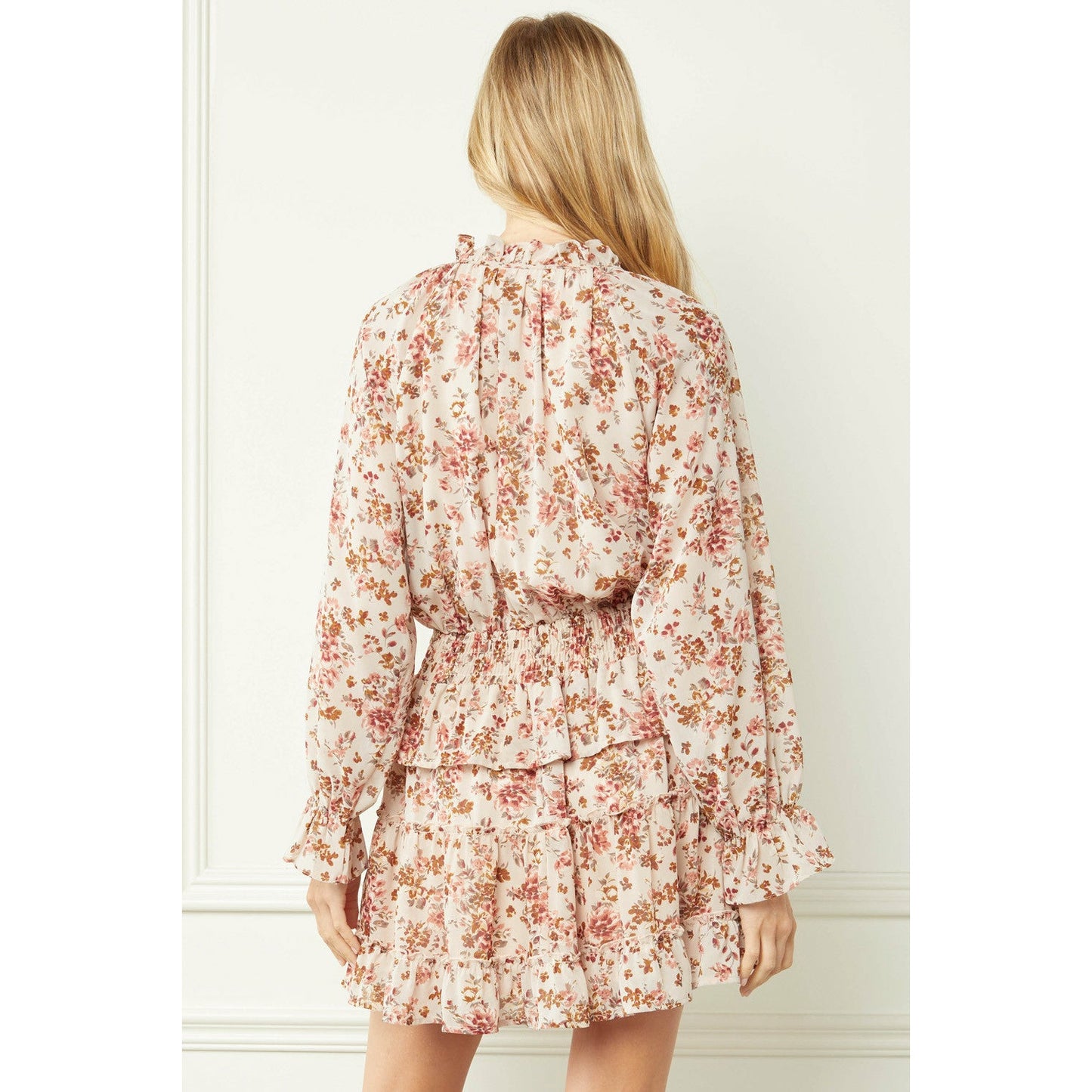 Floral Tie Neck Gathered Waist Tiered Short Dress-Cream