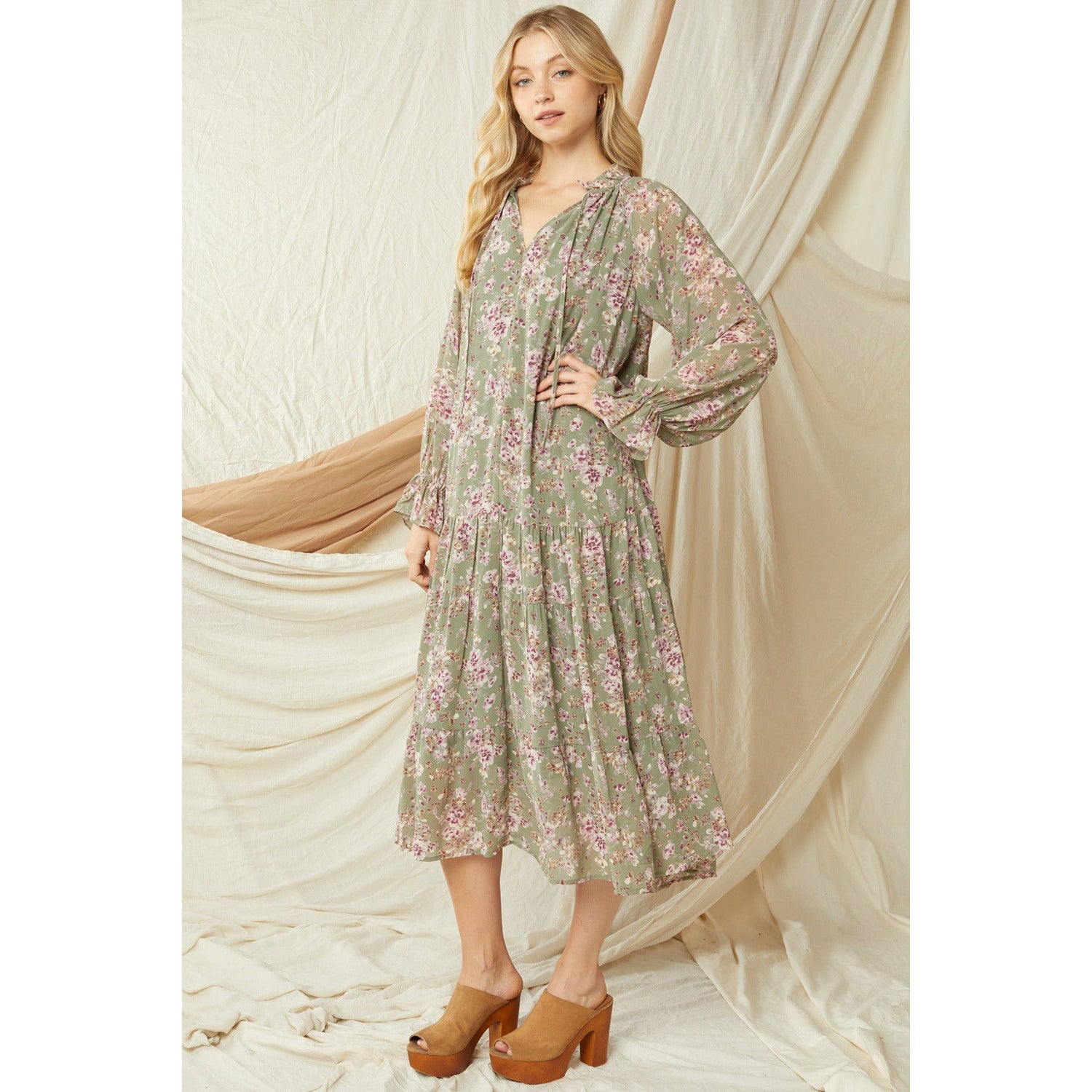 Floral Tie Neck Tiered Long Puff Sleeve Midi Dress-Olive Floral Tie Neck Tiered Long Puff Sleeve Midi Dress-Olive