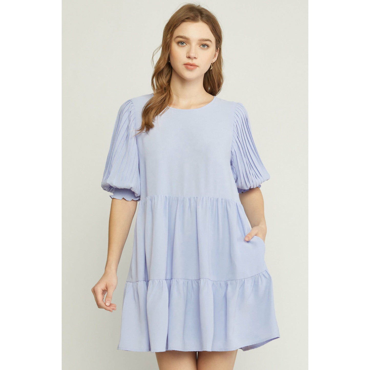 Solid 3/4 Pleated Smocked Sleeve Tiered Dress