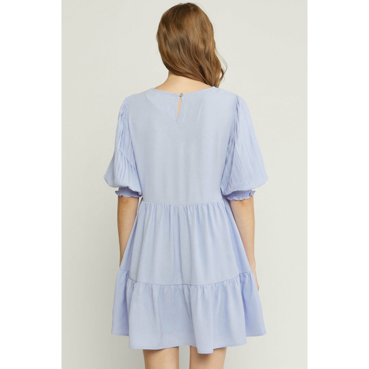 Solid 3/4 Pleated Smocked Sleeve Tiered Dress