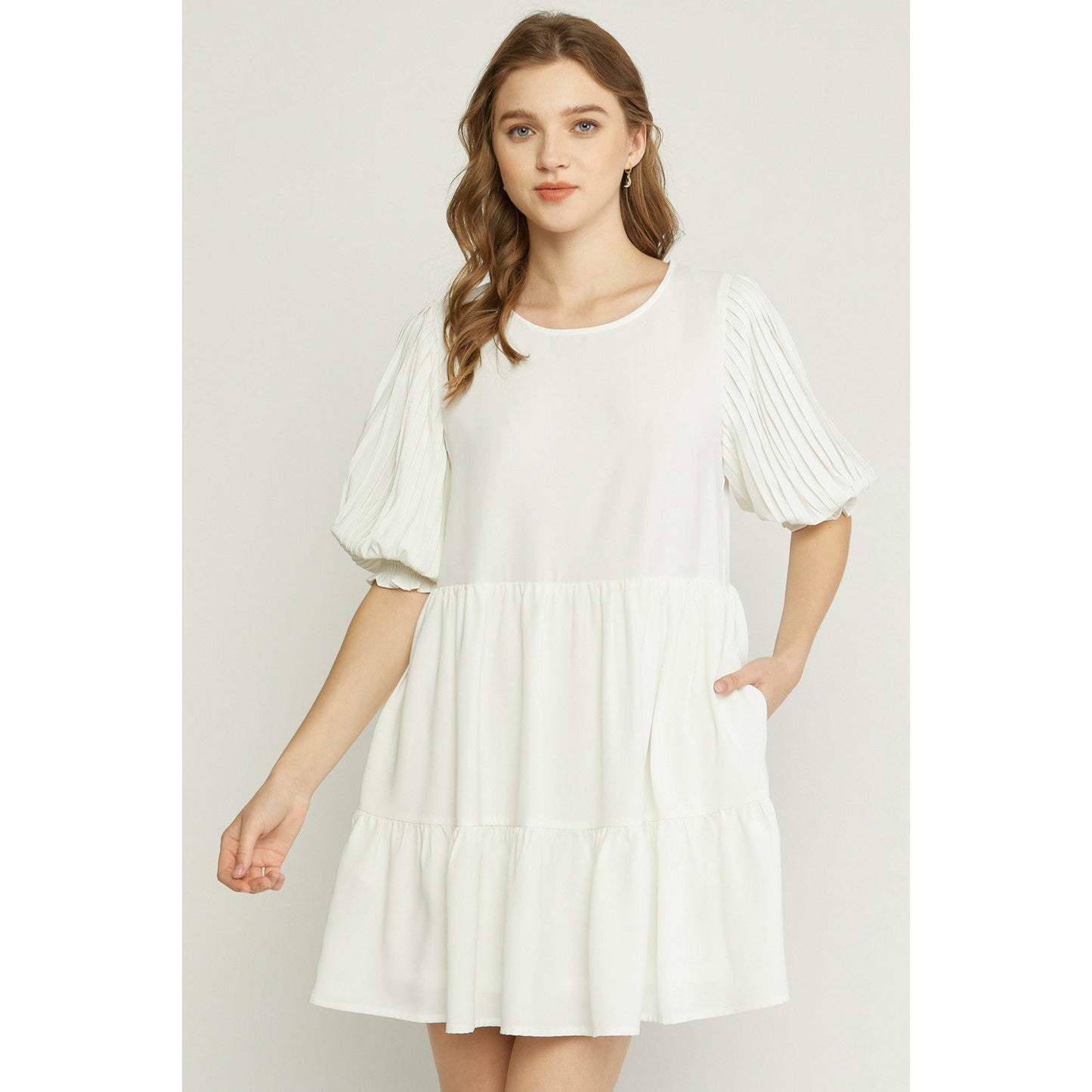 Solid 3/4 Pleated Smocked Sleeve Tiered Dress