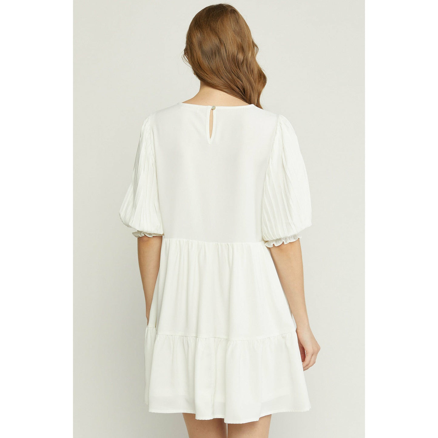 Solid 3/4 Pleated Smocked Sleeve Tiered Dress
