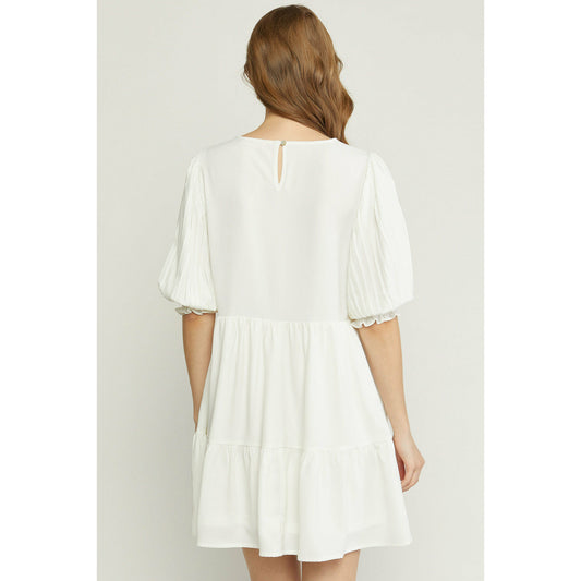 Solid 3/4 Pleated Smocked Sleeve Tiered Dress