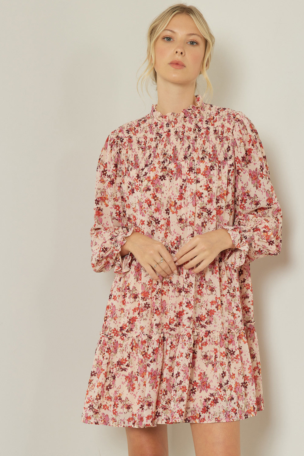 Floral Smocked Top Long Sleeve Tiered Dress-Cream