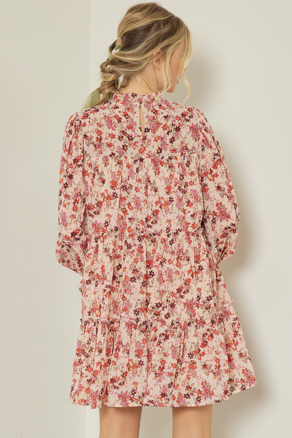 Floral Smocked Top Long Sleeve Tiered Dress-Cream