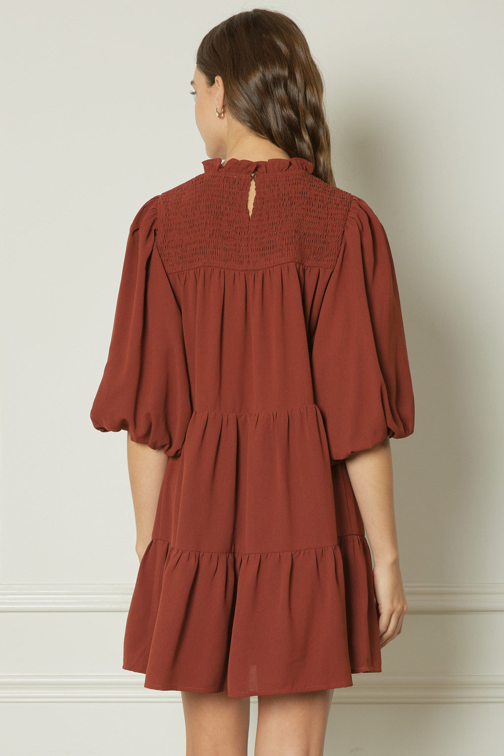 Solid Smocked Top 1/2 Balloon Sleeve Tiered Dress