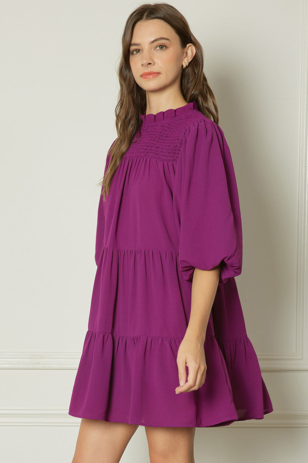 Solid Smocked Top 1/2 Balloon Sleeve Tiered Dress