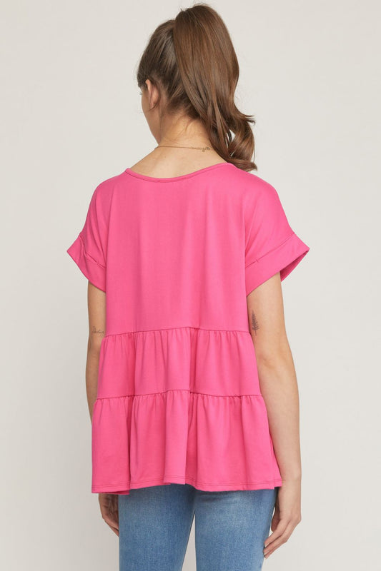 Solid Cuffed Sleeve Tiered Top-HPink