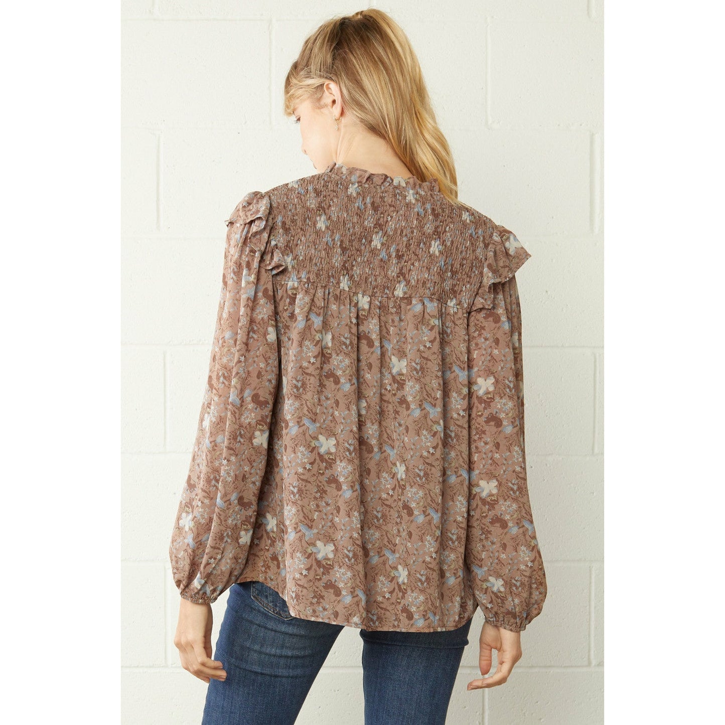 Floral Tie Neck Smocked Ruffle Detail Top-Mocha