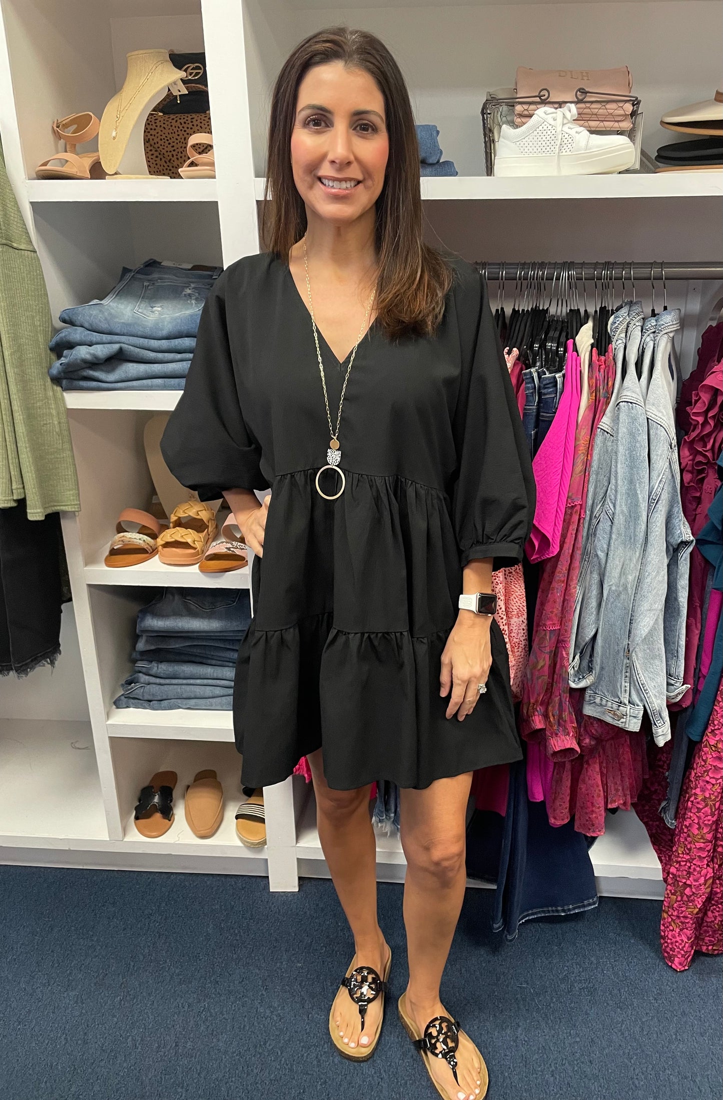 Solid V-Neck 3/4 Balloon Sleeve Tiered Dress