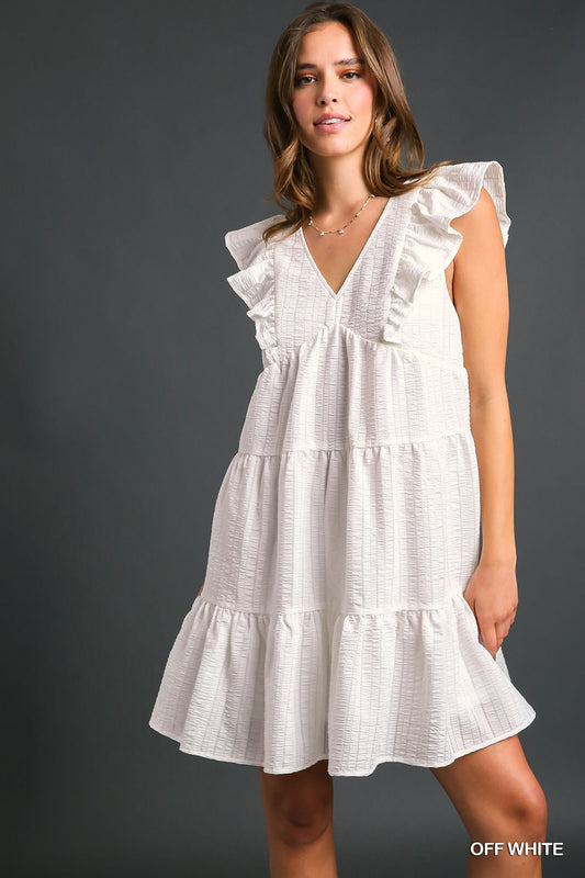 Solid Textured V-Neck Ruffle Tiered Dress