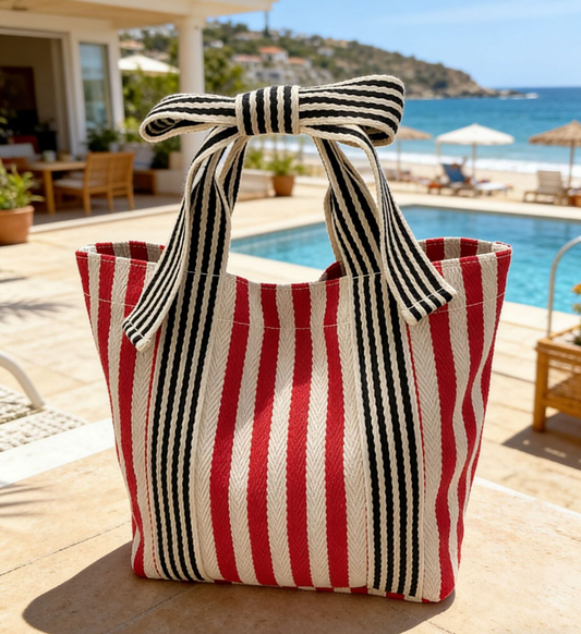 Striped Canvas Tote Bag Bow Handle Bag with Personalization