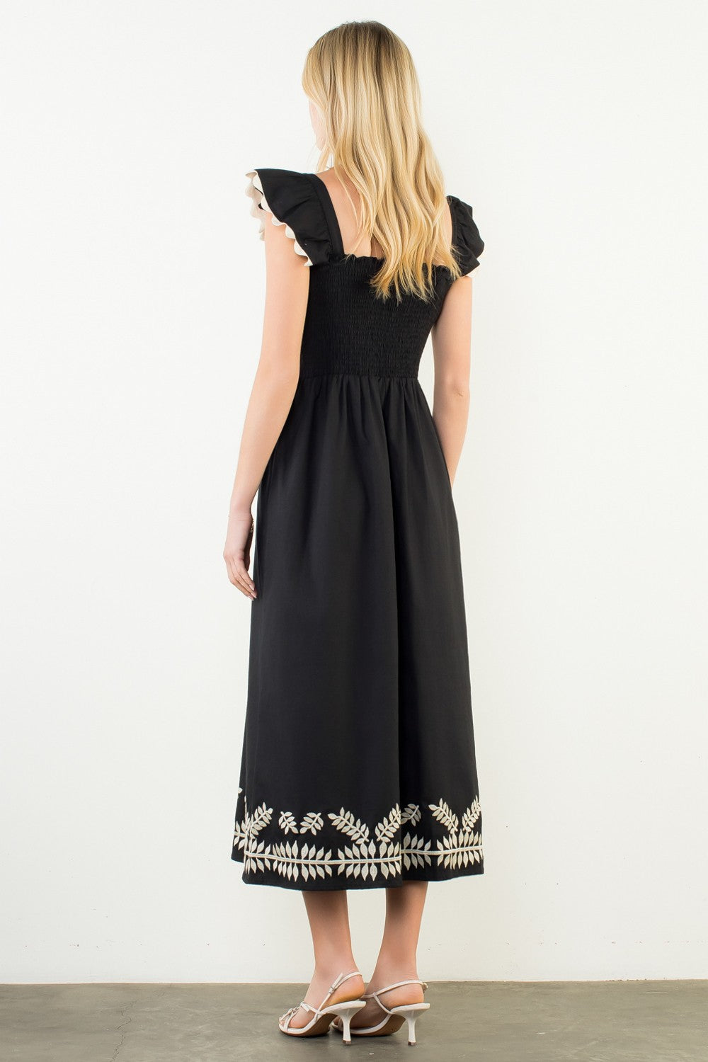 Flutter Strap Embroidered Smocked Waist Midi Dress-Blk