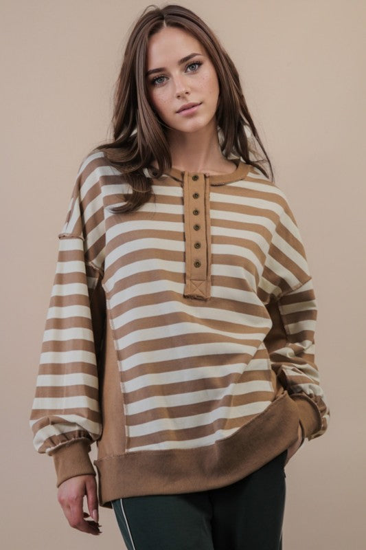 Striped 1/2 Button Raw Edge Long Sleeve Top