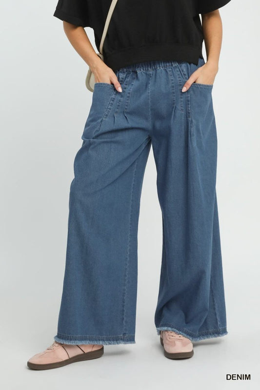 Stone Washed Pleat Front Wide Leg Pant- Denim