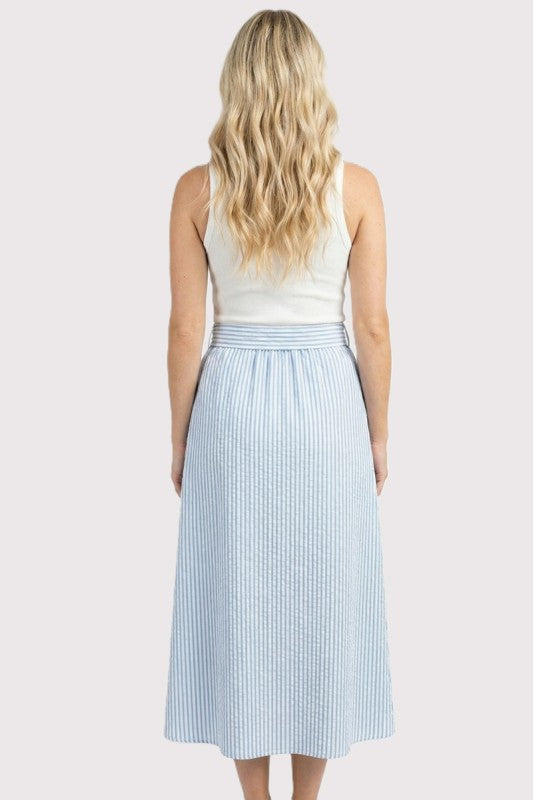 Combo Material Sleeveless Striped Tie Waist Midi Dress-Blue