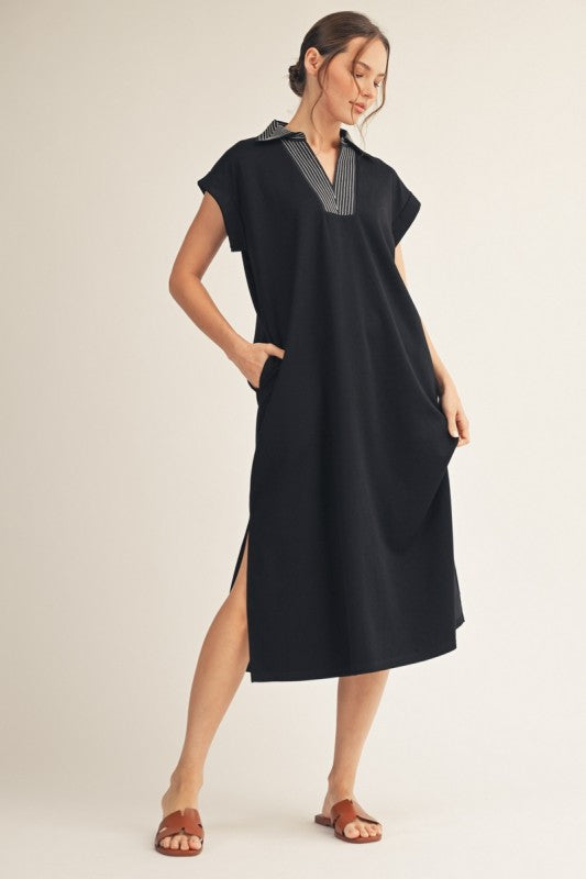 Solid Contrast Stitched Collared Side Slit Midi Dress