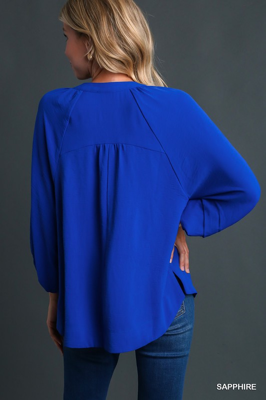 Solid Notched Neck Button Detail 3/4 Sleeve Top