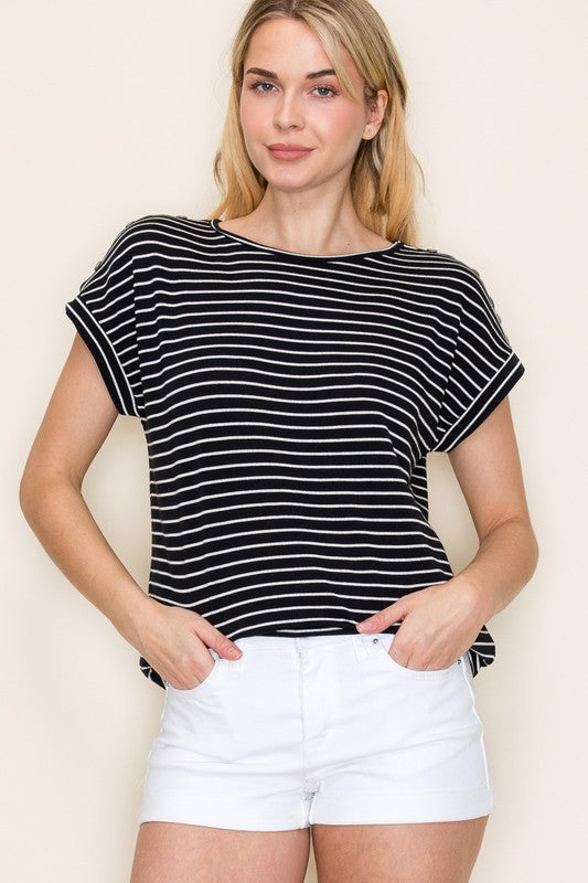 Button Shoulder Striped Short Sleeve Top