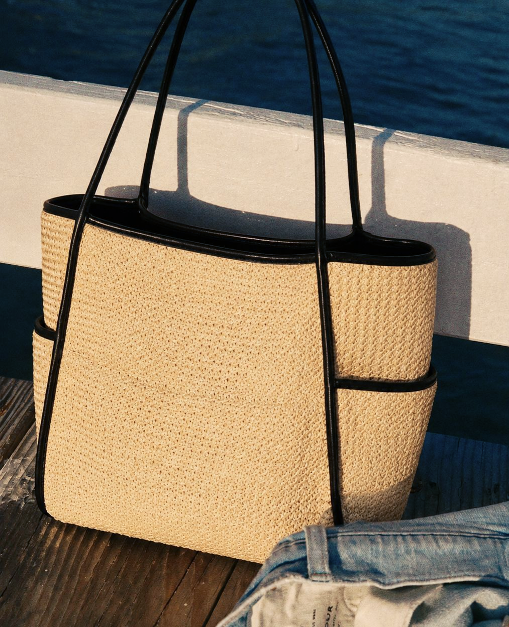 Large Straw Tote Bag Snap Woven Beach Shoulder Bag